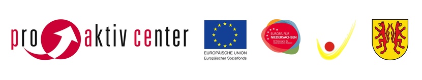 Logos des Pro Aktiv Centers, des europäischen Sozialfonds, "Europa für Niedersachsen", dem Jugendamt Peine und des Landkreises Peine v.l.n.r.