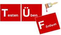 Logo des TÜF der BBG Peine - Drei rote Rechtecke mit jeweils einem Wort - Testen, Üben, Fördern